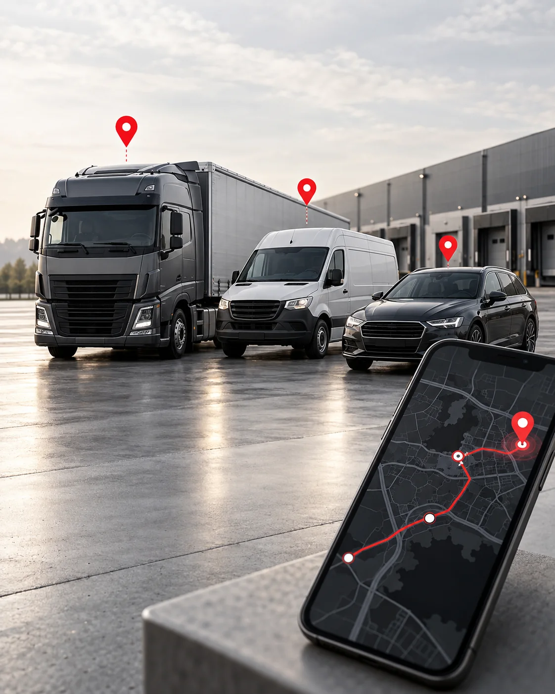 Камион, бус и автомобил с GPS маркери и телефон с карта за проследяване